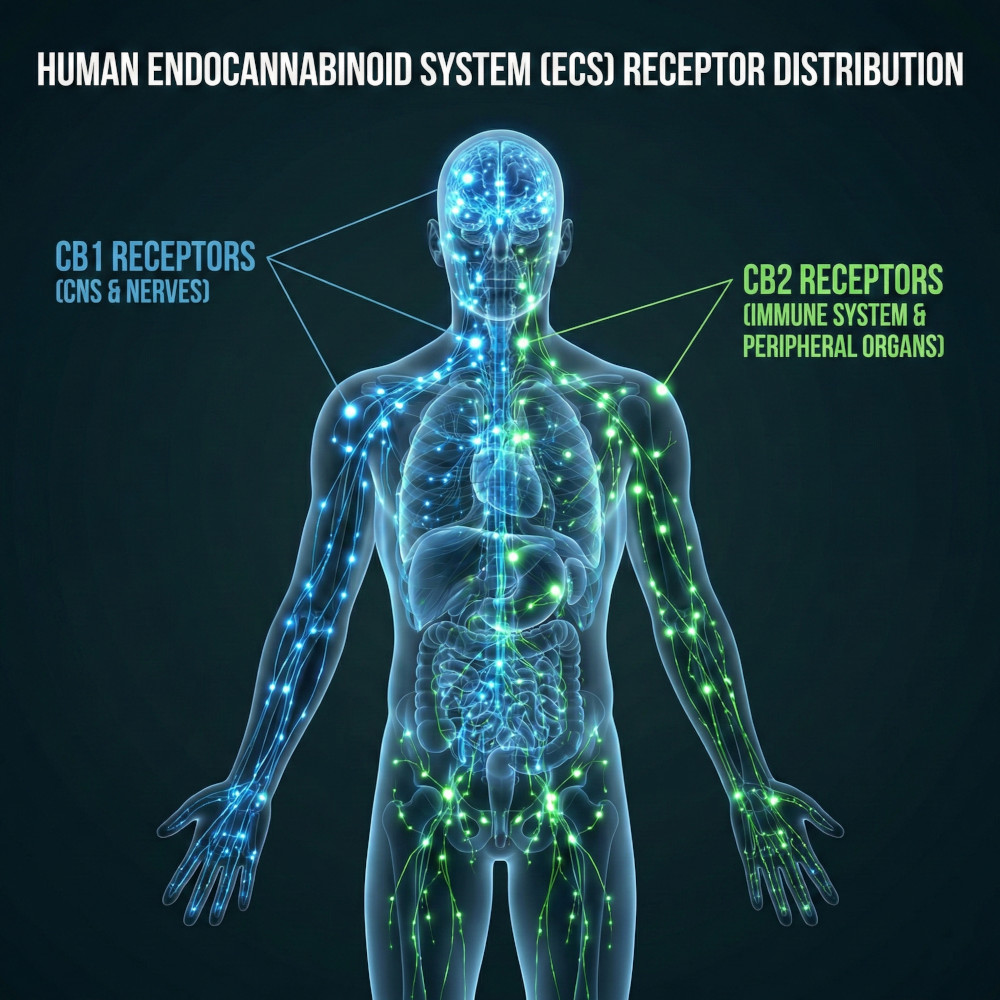 Diagrama anatómico del cuerpo humano ilustrando la distribución del Sistema Endocannabinoide (SEC)